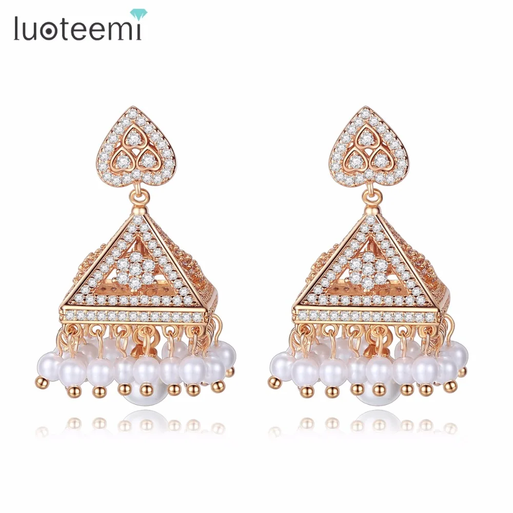 

LUOTEEMI India Tessial Drop Earrings for Women Tower Imitation Pearl Bridal Wedding Jhumka Jhumki CZ Stone Brinco Bijoux Femme