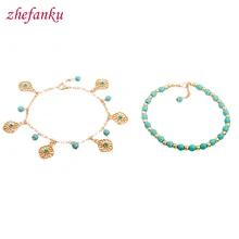 Кисточкой золото Цвет цепи цветок Pulseiras Шарм Браслеты для Для женщин бижутерии синий Каменные Бусы, Браслет