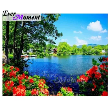 

Ever Moment Diamond Painting Handmade Lake Flower Picture Of Rhinestone Full Square Decoration Diamond Embroidery Mosaic 3F1565