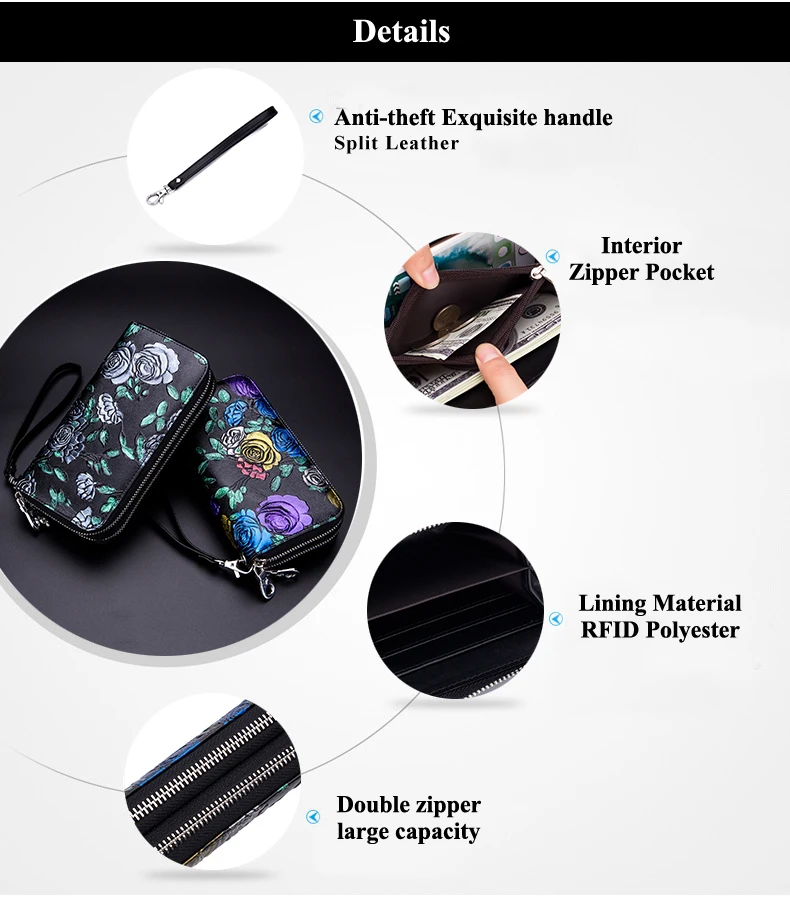 Lomelobo Hand Painted Lady Wallet Long Split Leather Flowers Women Cute Purse Girls Business RFID Card Holder portomonee HPL8349 Details (03)