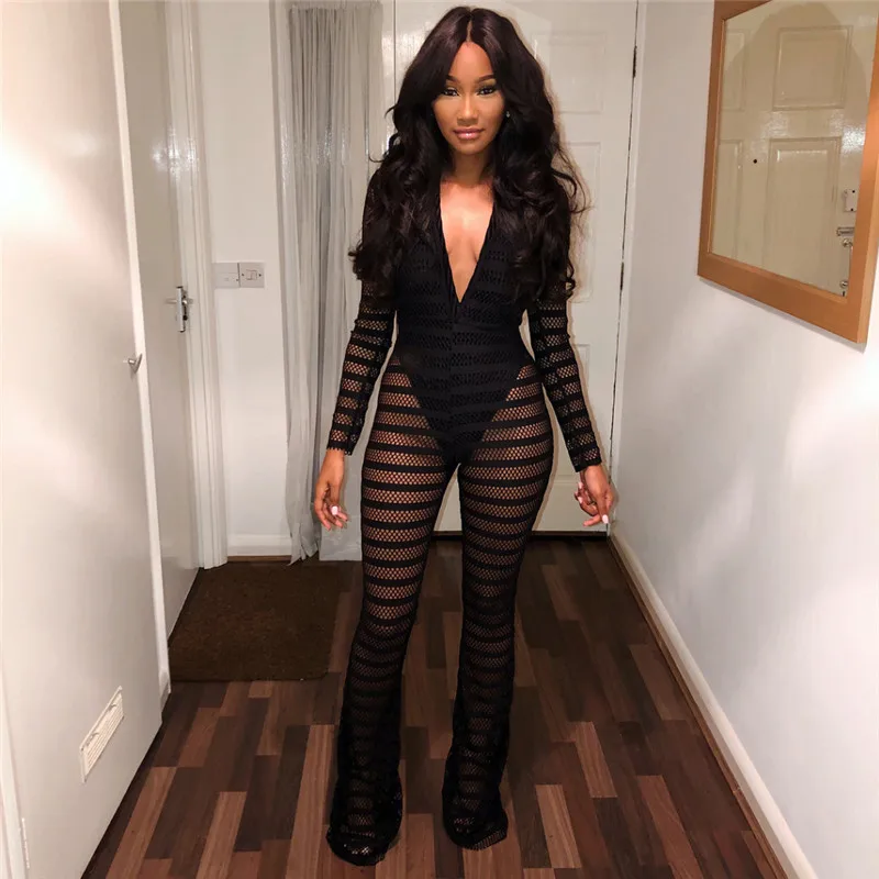 

Mesh Lace Jumpsuits For Women Rompers 2018 Sexy Deep V Neck Long Sleeve Transparent Bodycon Jumpsuits Club Pants Long Overalls