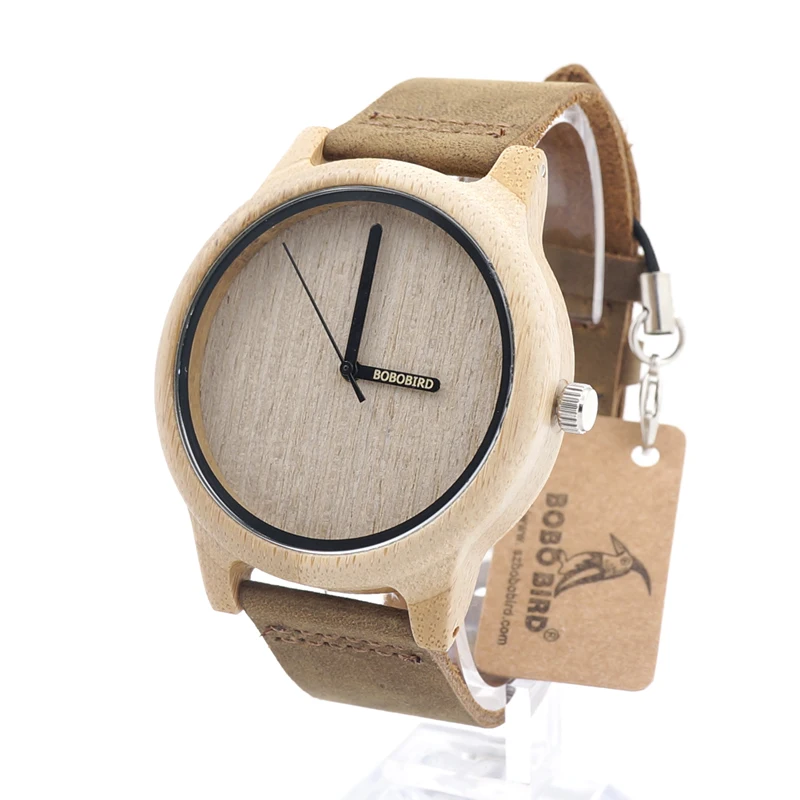 BOBO BIRD A22 Mens Vintage Round Wristwatch With Real Leather Band Bamboo Wooden Quartz Watches in