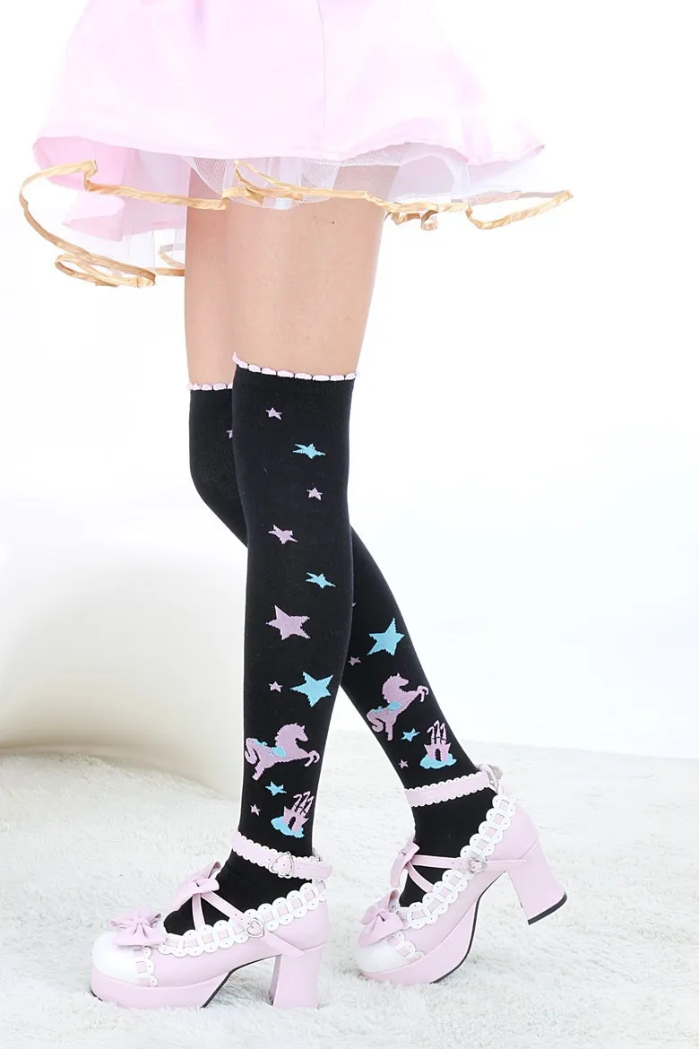 Японский стиль; милые носки для девочек в стиле Лолиты; Школьные носки для девочек с принтом звезды хоббика; чулки для женщин; чулок горничной для костюмированной вечеринки