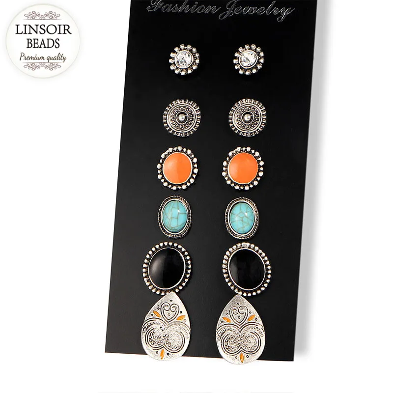 

LINSOIR 2017 Bohemian Resin Shell Geometry Earrings Set For Women Antique Gold Color Flower Animal Earring Studs Oorringen F6604