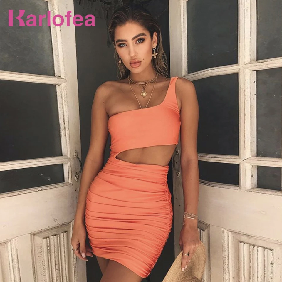 

Karlofea Summer Ruched Mini Dress Women Candy Color 2 Layers Outfits Dress Sexy One Shoulder Hollow Out Club Party Wrap Dress