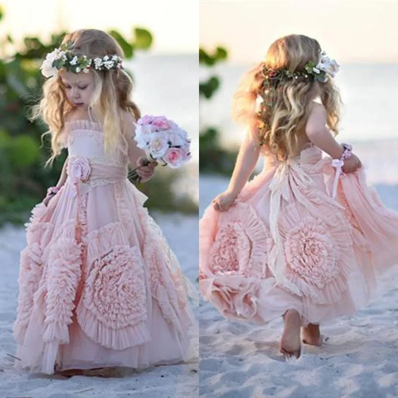 

Custom Made Pink Flower Girls Dresses For Wedding Lace Applique Ruffles Kids Formal Wear Sleeveless Long Girls Birthday Dress