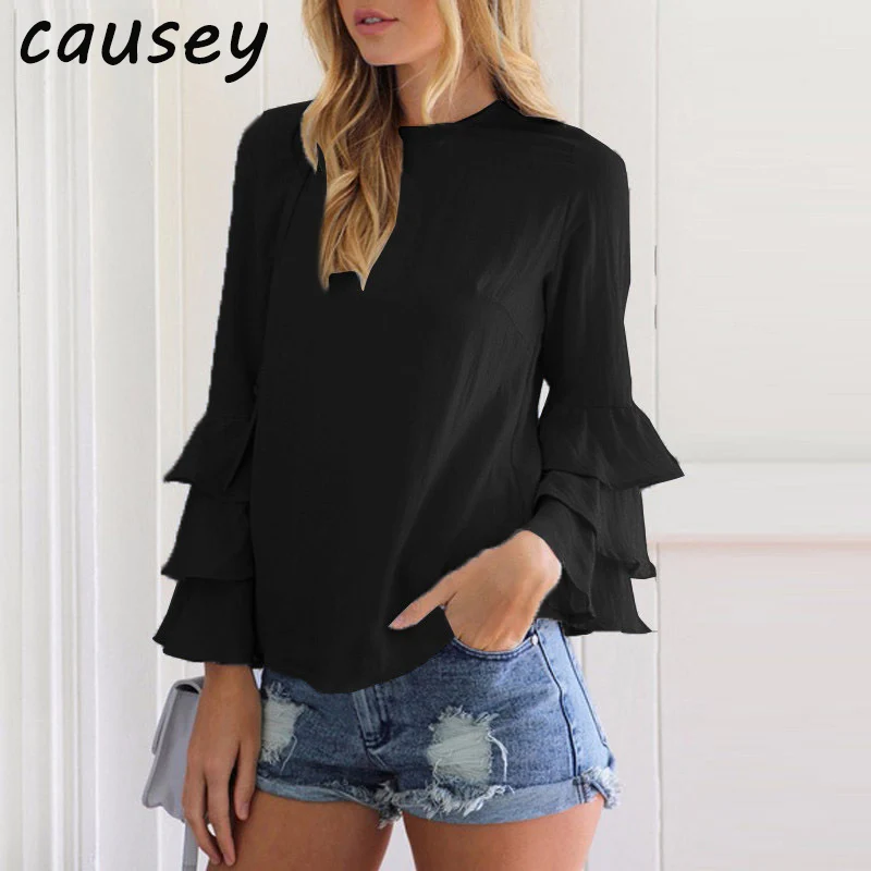 2018 Spring Women Ruffle Long Sleeve Chiffon Blouse Mesh