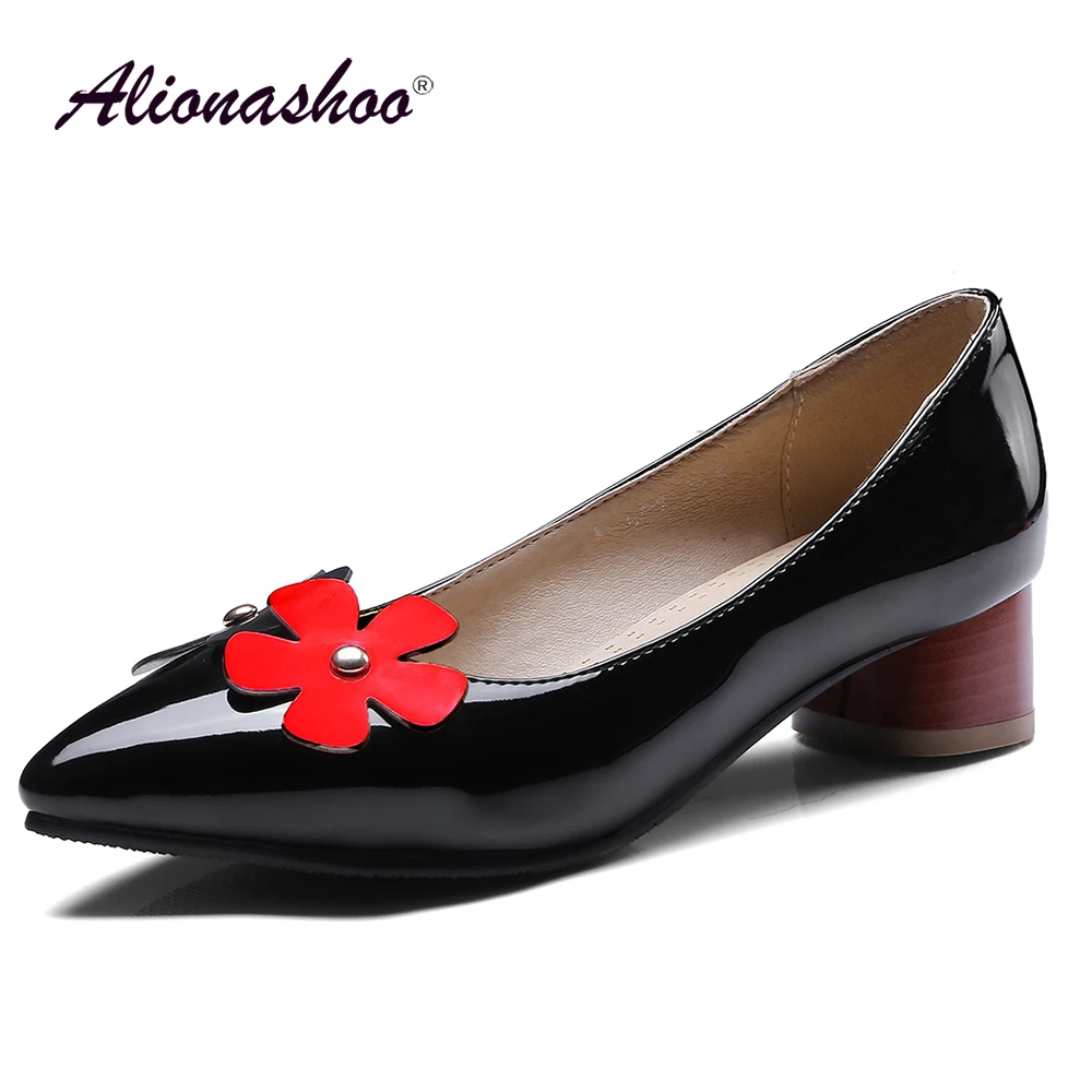 

Dress Shoes Women Spring/Autumn Large Size 46 Concise Pointed Toe Square Low Heel Shoes Black PU Leather Pumps For Ladies