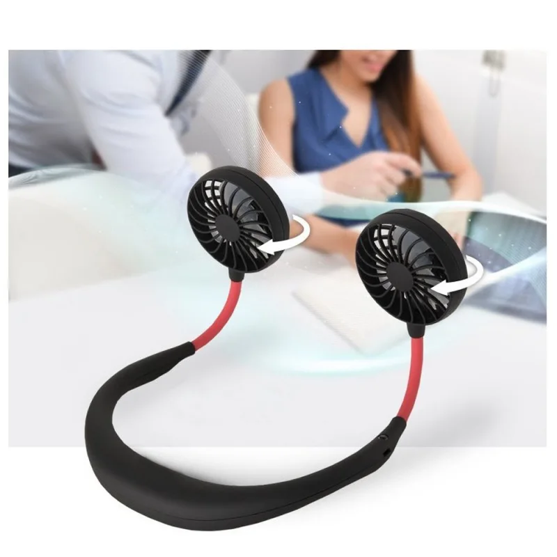 USB Rechargeable Wearable Hand Free Neckband Fan Personal Neck Double Fans 3 Speed Adjustable