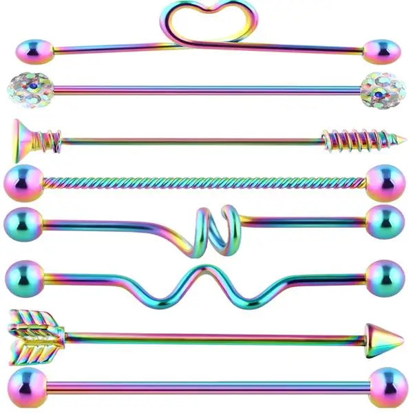 TIANCIFBYJS 14 г 1-8 шт нержавеющая сталь промышленные серьги-гантели сердце стрелка радуга ушной хрящ хеликс-раковины пирсинг ювелирные изделия - Окраска металла: rainbow set