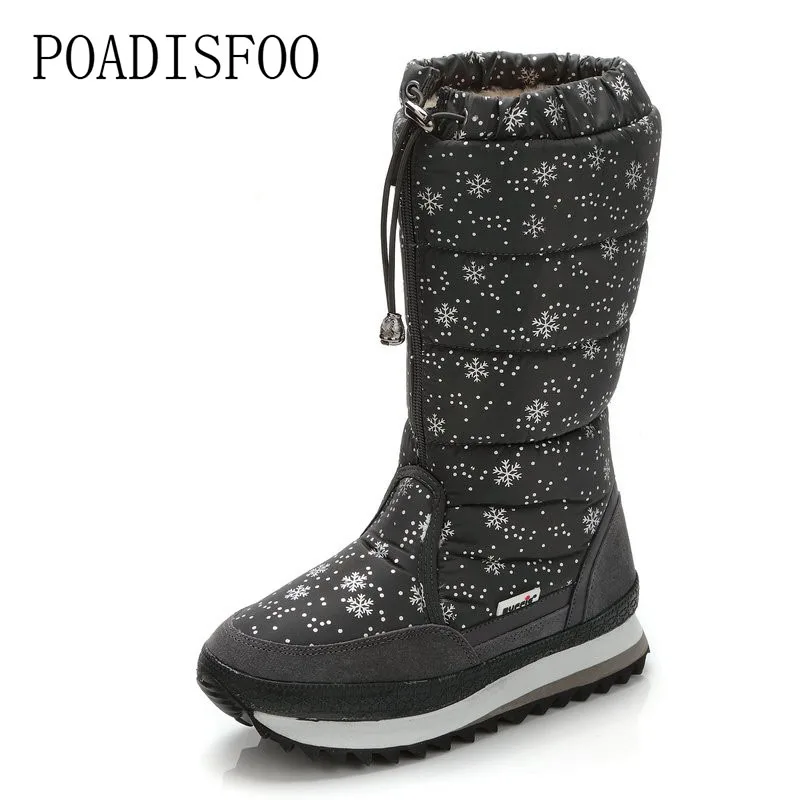 POADISFOO 2018 Winter boots High Women Snow Boots plush Warm shoes Plus size 35 to big 42 easy wear girl white zip JSH-M0767