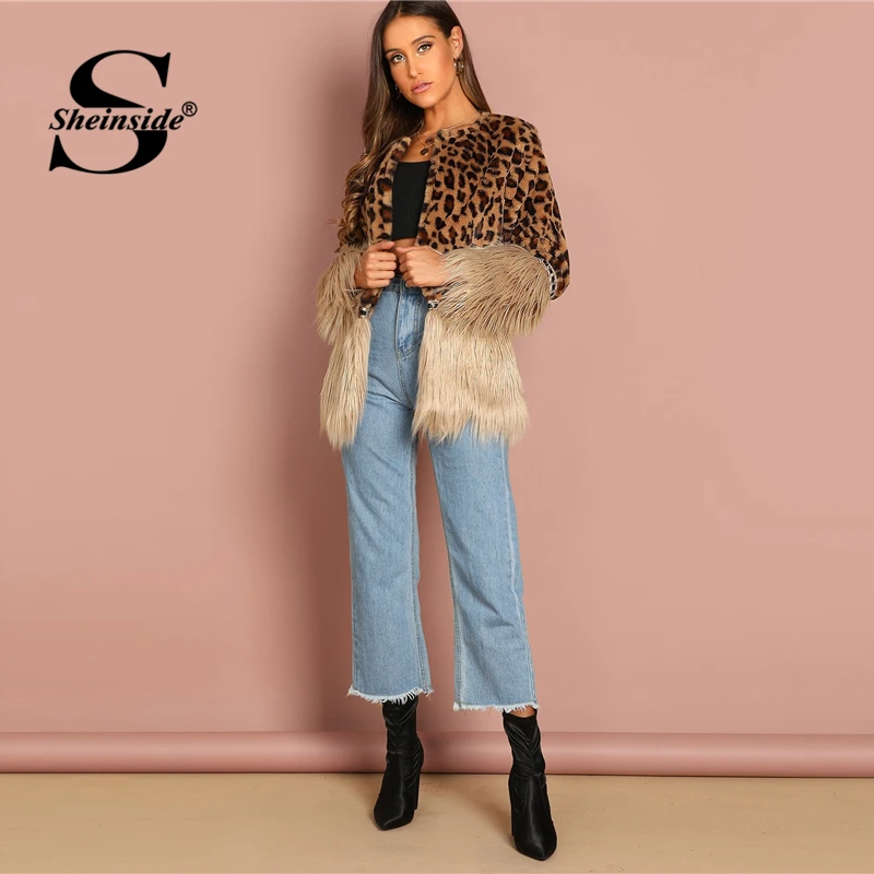 Sheinside Contrast Faux Fur Coat Leopard Print Winter Jacket Women 2018 Long Sleeve Outerwear Casual Womens Coats And Jackets
