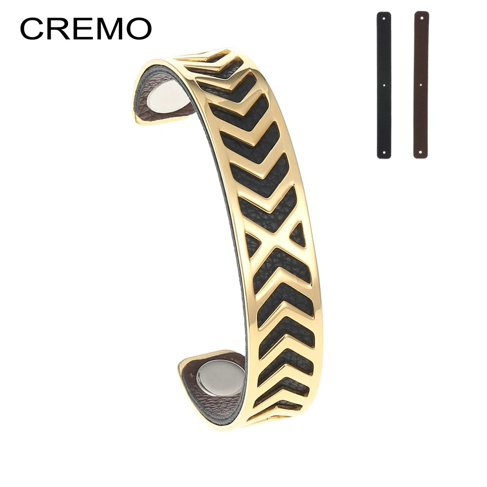 

Cremo Stainless Steel Bangle 14mm Wide Lily Bracelet Reversible PU Leather Cuff Bangle Pulseiras for Women 10 Color Bangles