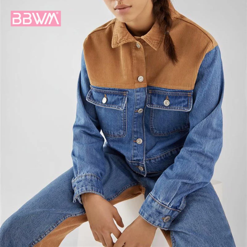 

Long-sleeved lapel women's 2018 autumn new slim slimming short corduroy stitching denim jacket female Harajuku style coat