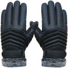 1pair Men’s Synthenic PU Golves Winter Warm Five Finger Wrist Gloves Cut Wool Thicken Touch Screen Fur Mittens -MX8