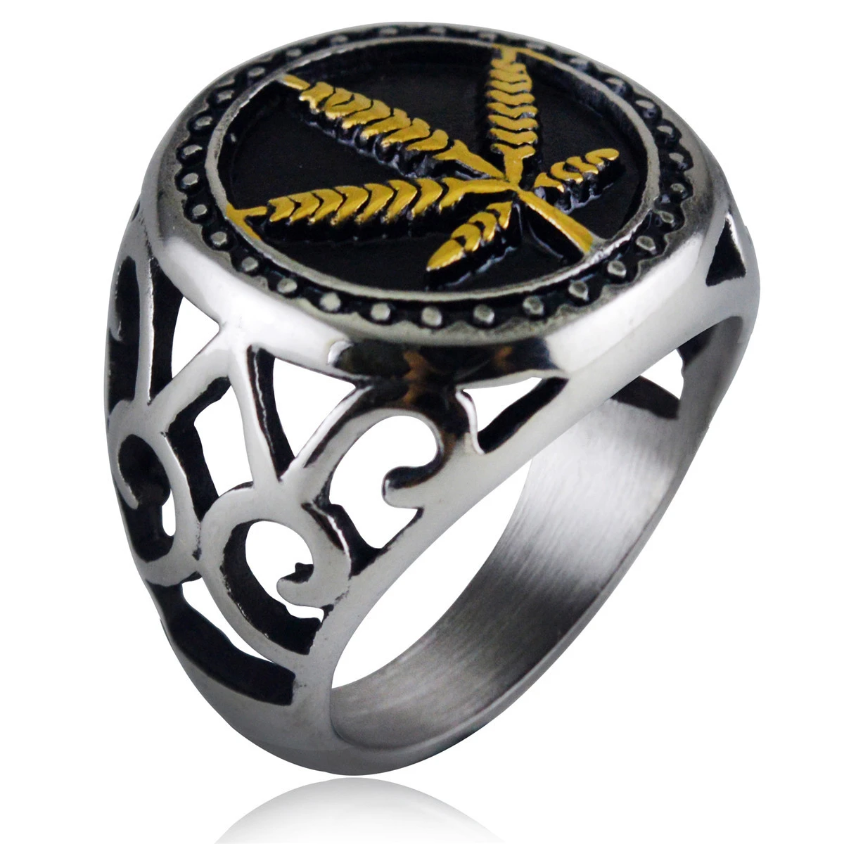 

2 color Silver 316L Stainless Steel Weed Hemp Cannabises Signet Ring Punk Maple Leaf Big Band Rings For Men Biker Jewelry Bague