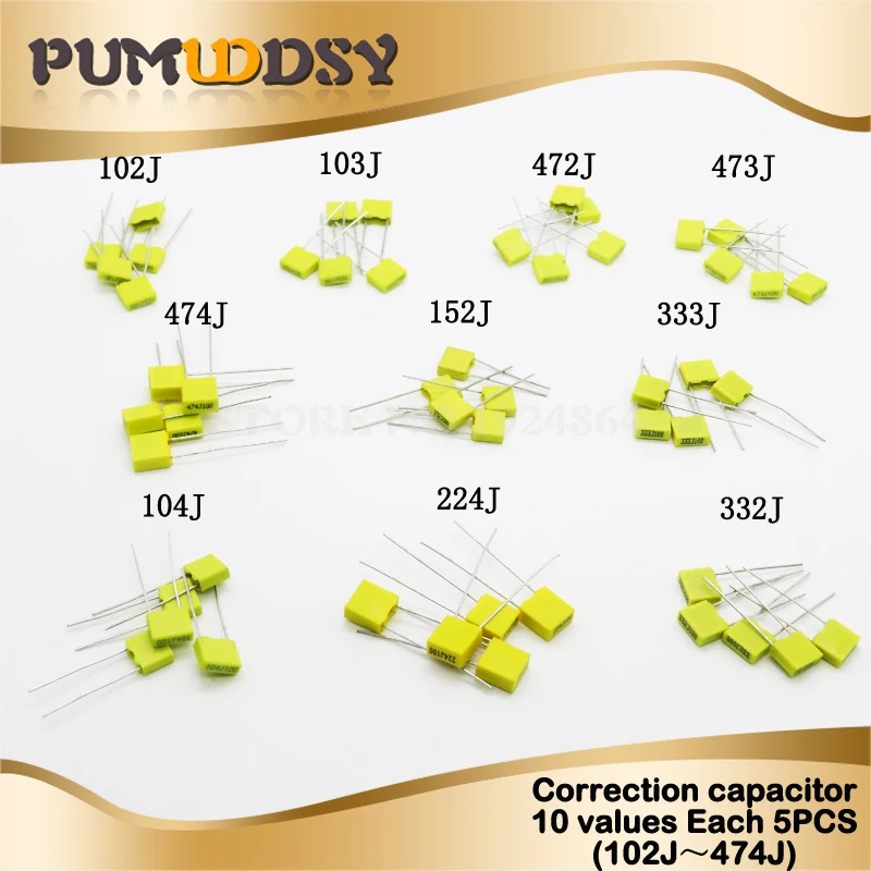 50 шт = 10 видов * 5 шт коррекция конденсатор посылка комплект 100 V 102J 103J 104J 152J 224J 332J 333J 472J 473J 474J комплект