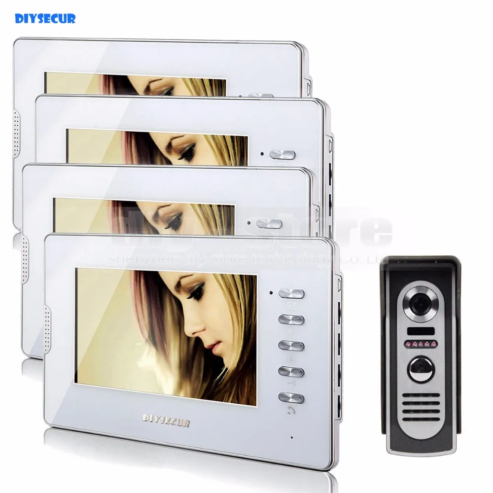 DIYSECUR 7\ Video Door Phone Video Intercom System 1Camera + 4Monitors For Villa Home 4 Rooms