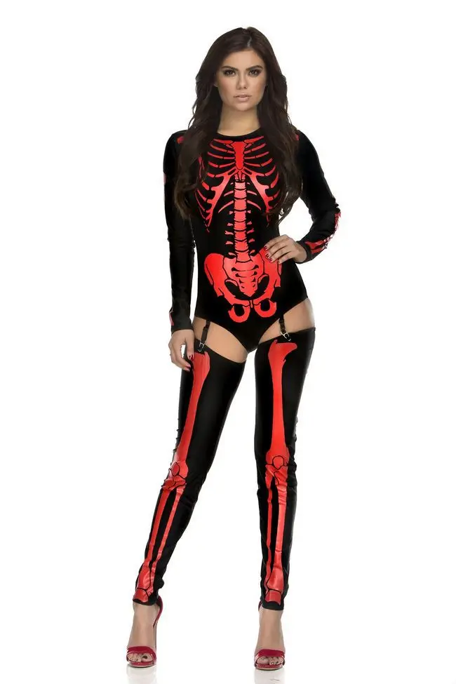Комбинезон с демоном, черепом, скелетом, Женский костюм на Хэллоуин, облегающий комплект, с принтом черепа, сексуальный клубный комбинезон для взрослых, комбинезоны, вечерние, для костюмированной вечеринки - Цвет: black red