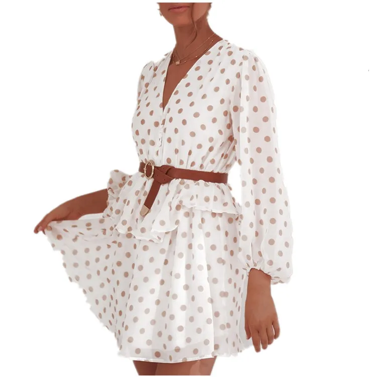 

Elegant Polka Dot See Through Chiffon Vintage Mini Dresses Women Spring Summer Long Sleeve Beige Short Beach Party Sundress