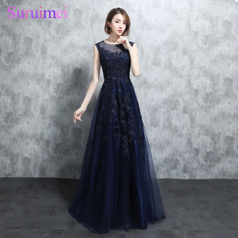 Navy blue evening gown with sleeves Clearance