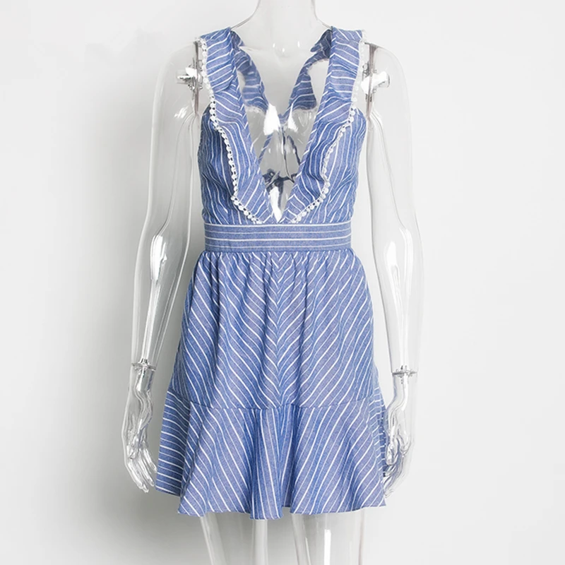 

Fashion ladies summer casual Sexy Mini Dress Sleeveless backless deep v-neck lace up striped bow Beach Party sundress
