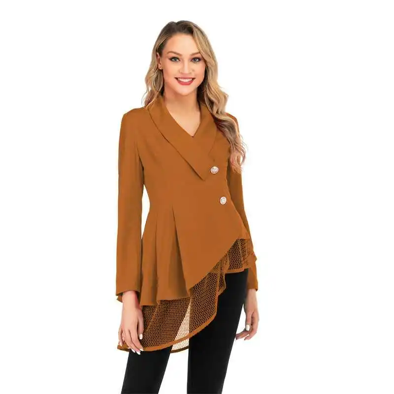 CINESSD Women Blazer Coats Black Notched Long Sleeves Office Lady Casual Button Mesh Swing Tops Solid 2019 Cotton Blazer Jacket