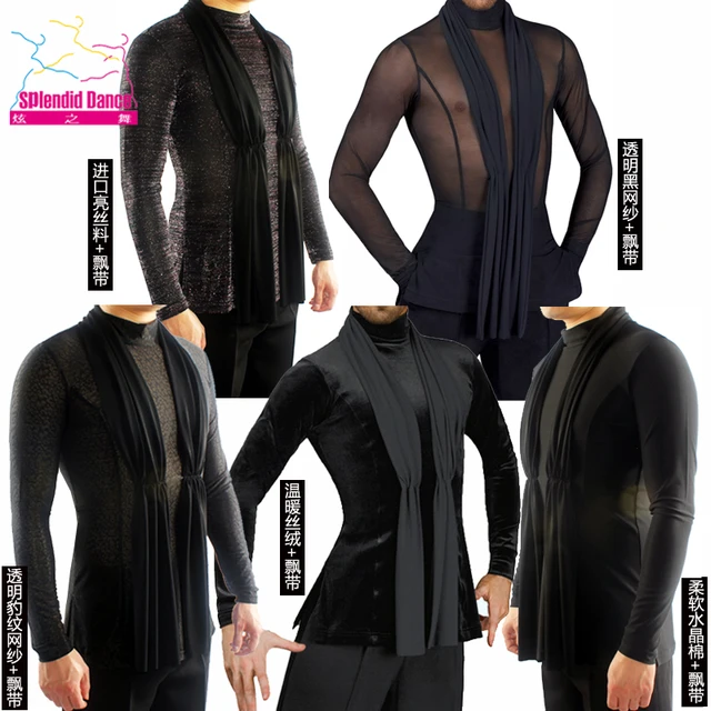 customized Fantasia Latin Dance Tops Black Long Sleeve high quality stretch Shirt New Men Ballroom Competitive Shirts -