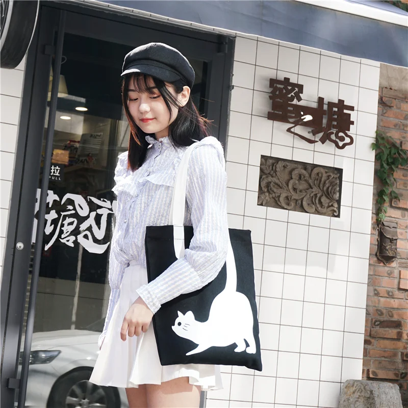 JANESPRI Fashion Women Canvas Handbag Girls Cute Cat Printed Travel Shoulder Bags Causal Lady Handbags Female Shoulder Tote BagsDSC06422