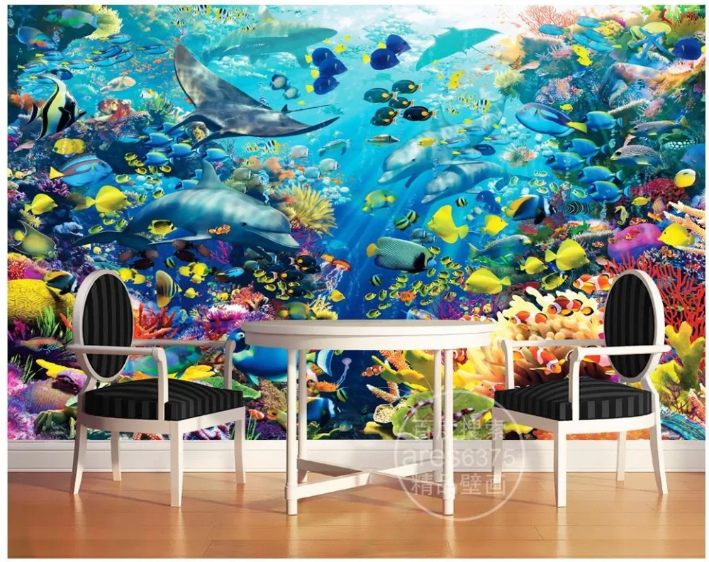 

Custom 3d photo wallpaper 3d wall mural wallpaper Three-dimensional underwater dolphin clown fish 3 d mural wall home decoration