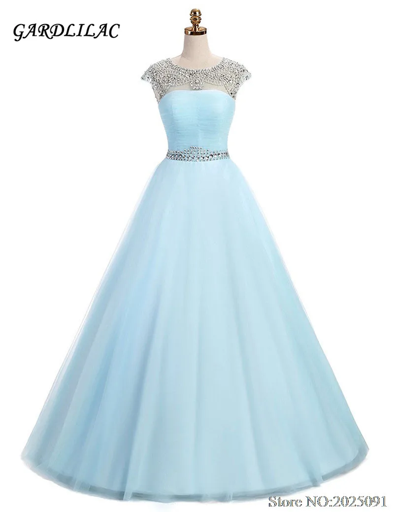 Quinceanera Dresses Illusion Neck Tulle Crystal Beads Ball Gown Long Prom dress Vestidos de 15 Anos