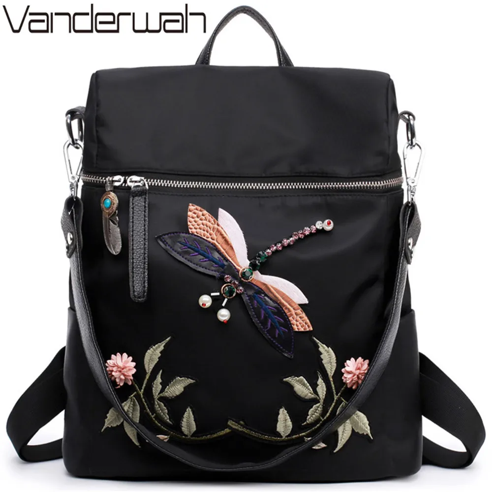 cheap Fashion Backpack Women Nylon School Bags for Teenage Girls Dragonfly Embroidery Practical Functional Travel Female Back pack