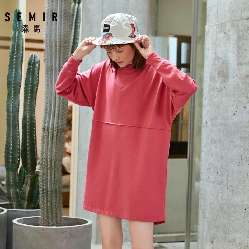 

SEMIR 2019 autumn new dress female oversize falling shoulder bat sleeve dress ins super fire print sexy dress for women