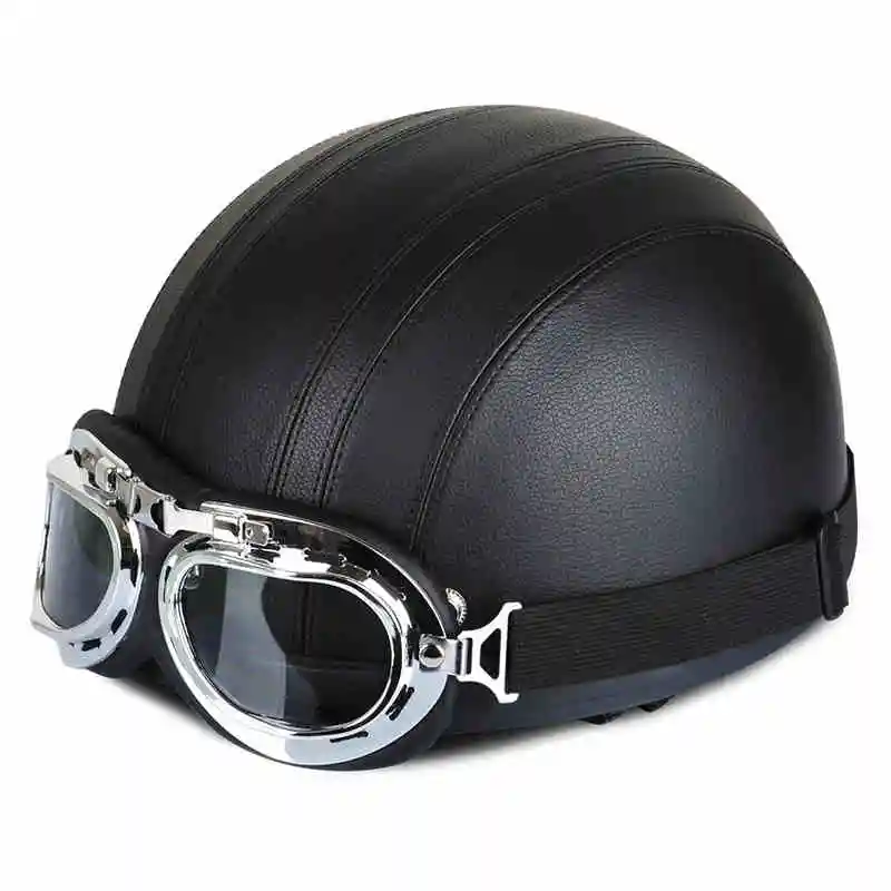 

New Synthetic Leather Vintage Style Motorcycle Motorbike Cruiser Touring Motor Scooter Open Face Half Helmets & Goggles & Visor