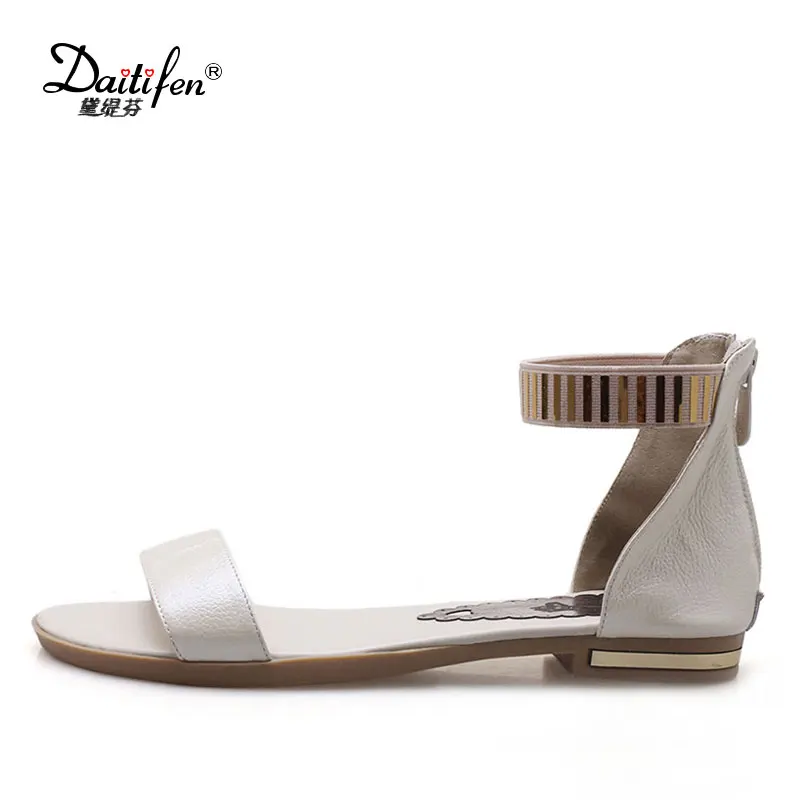 Daitifen women Flat Sandal summer Genuine leather Ankle Wrap shoes