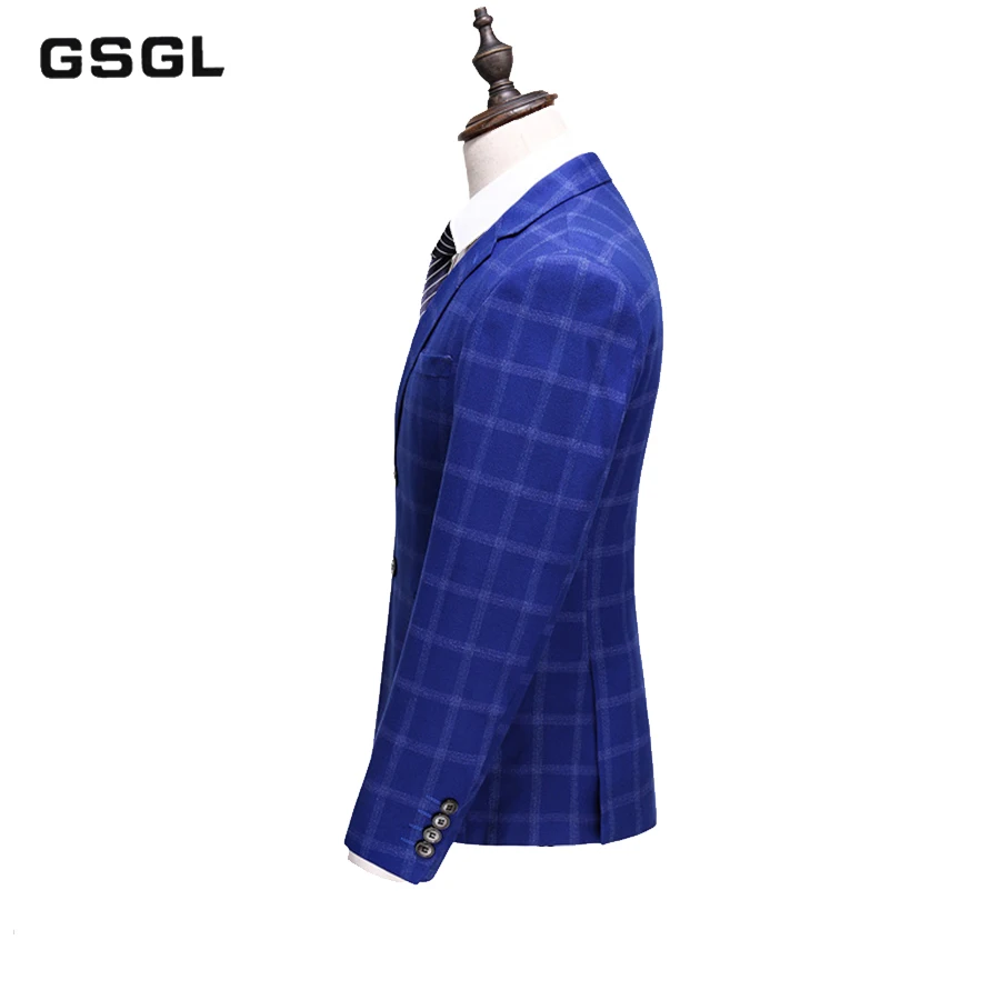 Королевский синий клетчатый костюм для мужчин, приталенные свадебные костюмы для мужчин, высокое качество, деловые официальные костюмы из 3 предметов