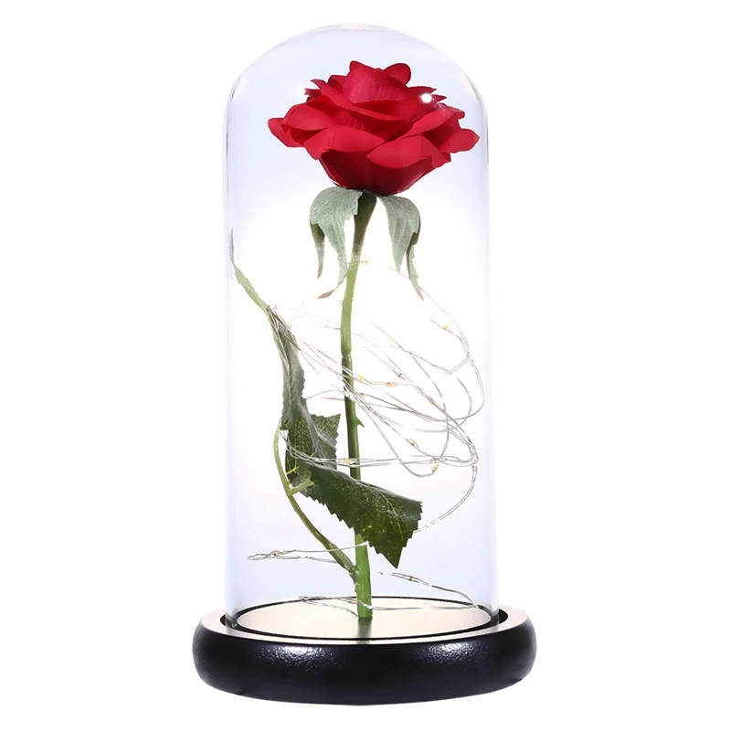 Красавица и Чудовище вечный цветок Роза со светодиодной свадебное украшение искусственное цветы в стеклянной обложке для подарков на день