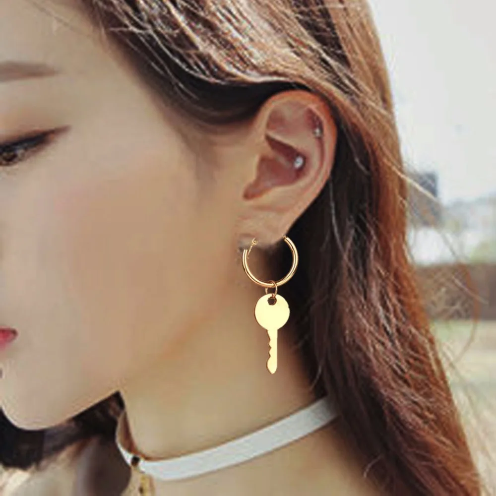 

UAM Gold Silver Color Lock Key Drop Earrings Pendientes Korean Jewelry Asymmetrical Earrings Simple Unique Design Party Gifts