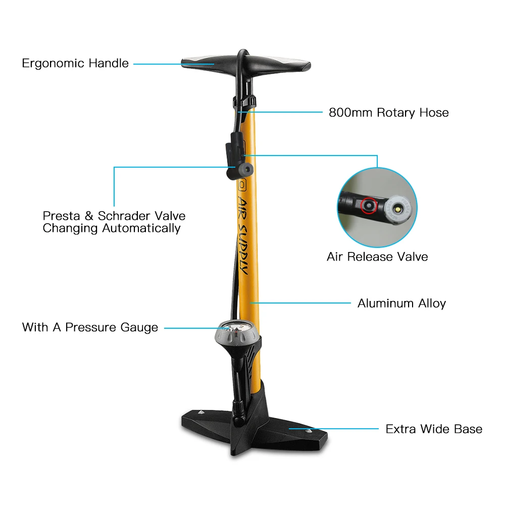 

160PSI Bicycle Floor Pump High Pressure Bike Floor Pump with Pressure Gauge For Presta and Schrader Valve
