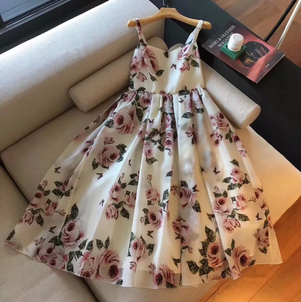 2018 woman sleeveless tank dress flora rose printed ball gown dress