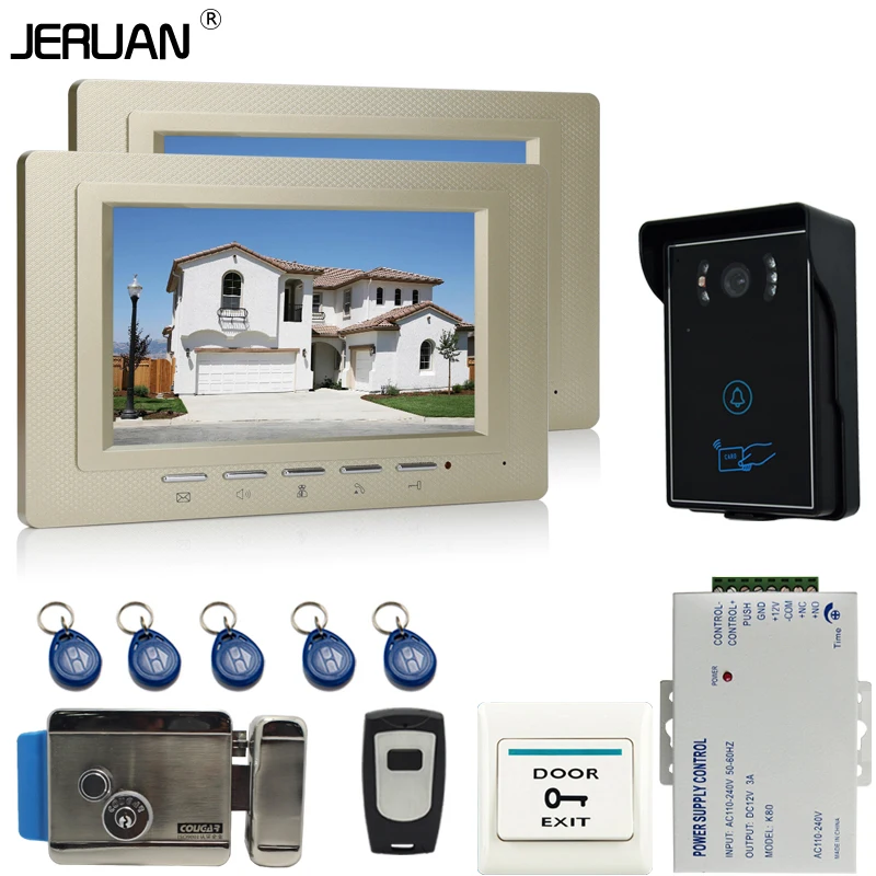 

JERUAN 7`` Screen Video Intercom Door Phone System + 2 monitors + Waterproof  RFID Access Camera+Remote + power + Electric lock