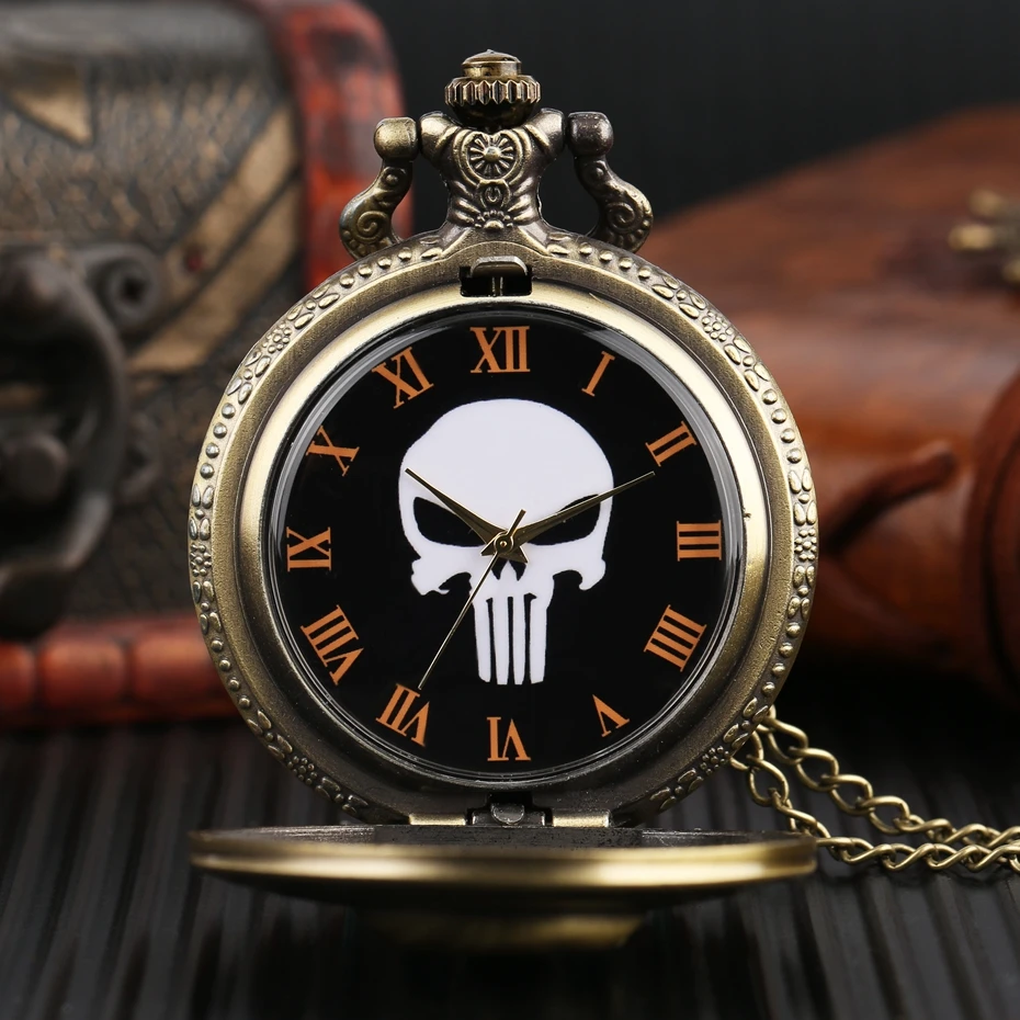 Vintage Bronze White Skull Dial Analog Pocket Watch Luxury Fashion Necklace Antique Style Fob Quartz Orange Roman Numerals Watch 2017 (9)