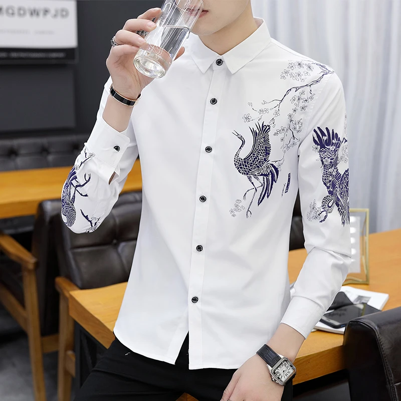 2019 Новая модная мужская рубашка с принтом Chemise Homme клетчатая приталенная длинным