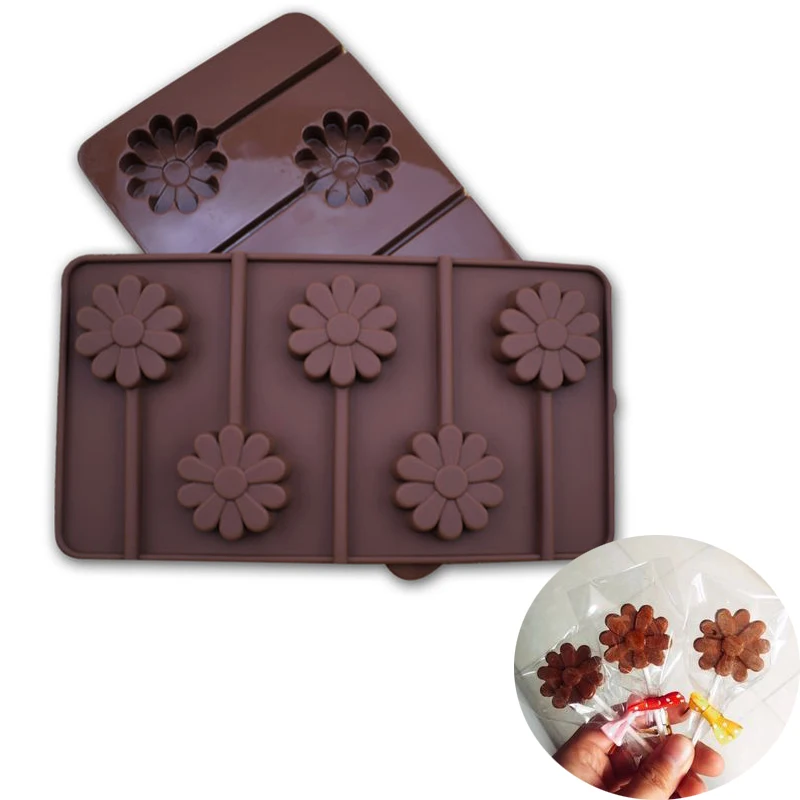 

5 Hole Chrysanthemum Lollipop Mold Candy Chocolate Silicone Cake Mold Sun Flower Soap Form Pastry Baking Mould Cake Decorating T