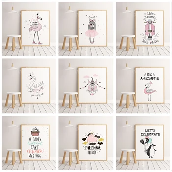 

Nordic style girl room decor bedroom decorated flamingo wall art poster and print cartoon painting wall picture canvas painting