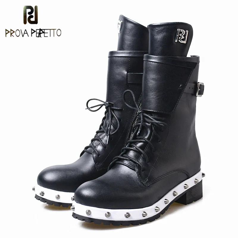 

Prova Perfetto Hand-Made Great Quality Real Cow Leather Neutral Women Boots For Winter Autumn British Styles Cool Rivets Boots