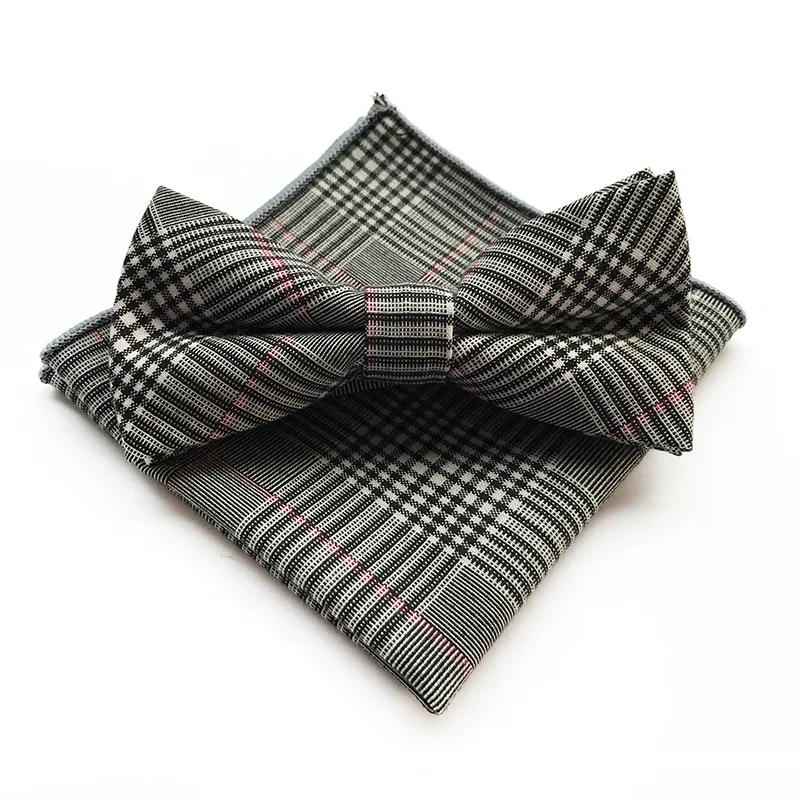 

Gray Mens Cotton Bowtie Handkerchiefs Set Business Bow Tie Plaid Striped Dots Pocket Square Wedding Neckwear Suits Hanky Bowties