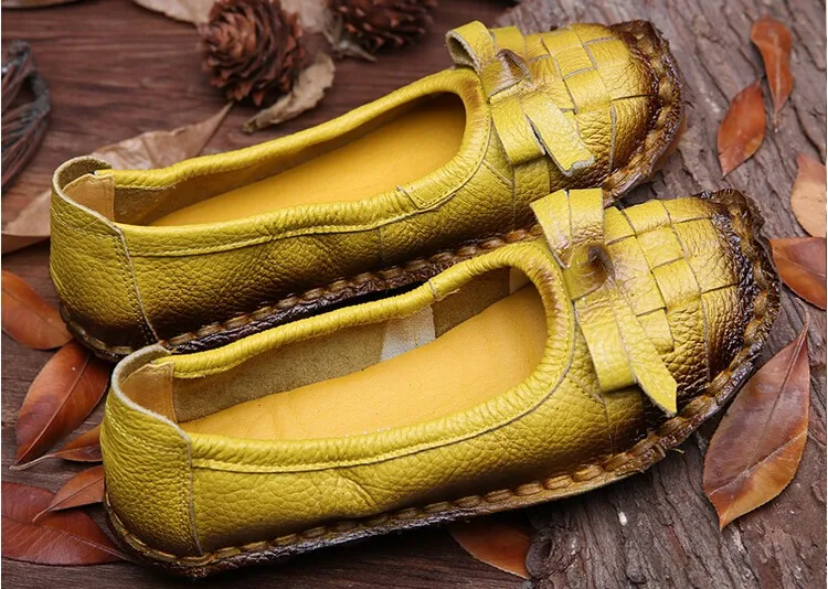 Весенне-осенние этнические винтажные дамские мокасины из натуральной кожи обувь на плоской подошве повседневная однотонная обувь с круглым носком и бантиком на мягкой подошве