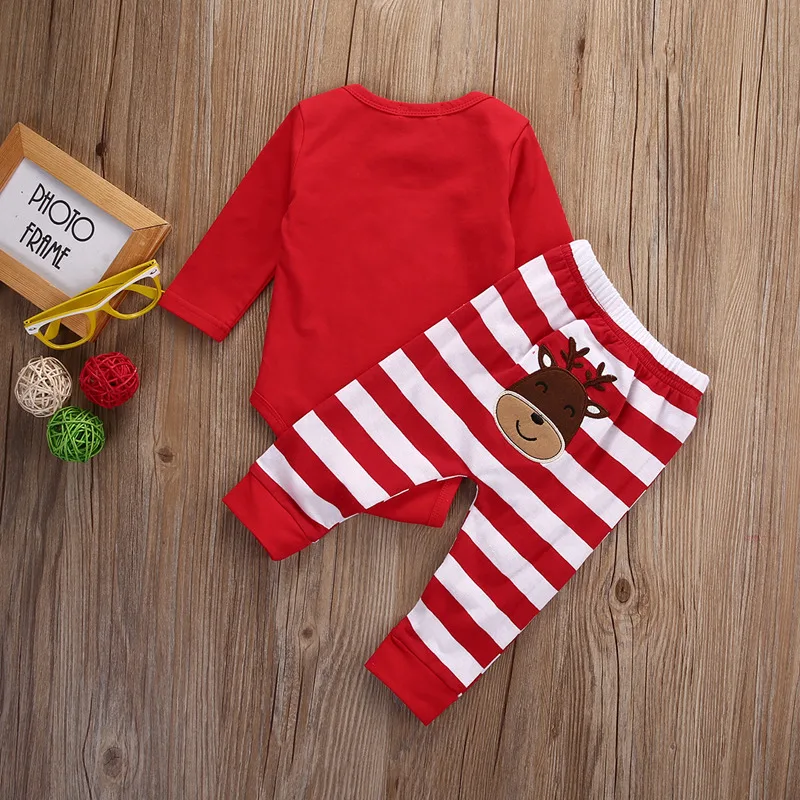 Детский комбинезон с длинными рукавами и рисунком «My First Christmas» из 2 предметов, боди+ длинные штаны в полоску, осенне-весенняя одежда