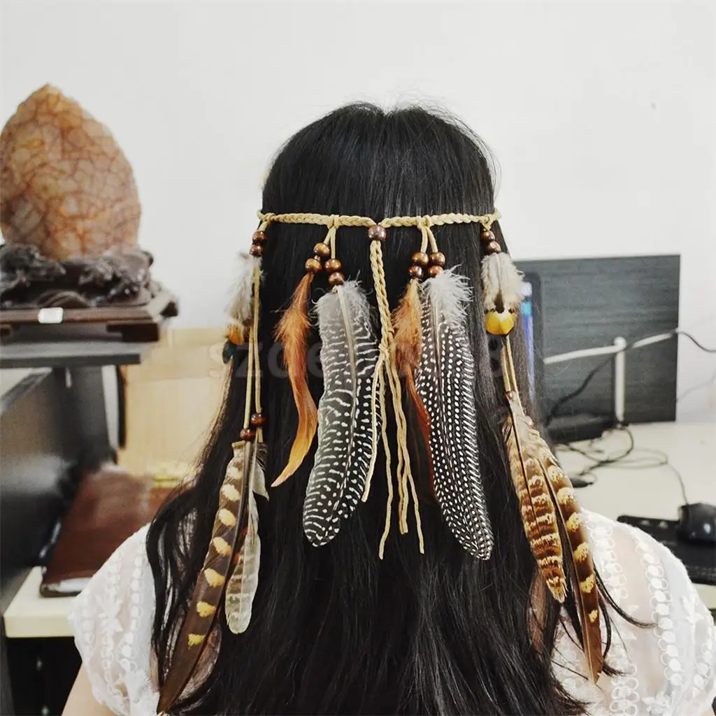 Diadema con forma de pluma India Hippie, cuerda para el pelo de tejido bohemio, tocado de borla, diadema de plumas, pelo Tribal indio, Rop